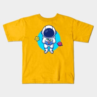 Astronaut Holding Plant In Space With Star And Planet Cartoon Kids T-Shirt